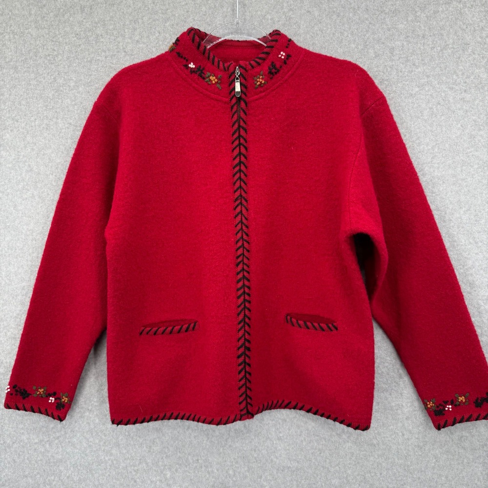 ALPS Red Wool Embroidered Cardigan‎ Sweater Full Zip Folk Cottage Women's Medium